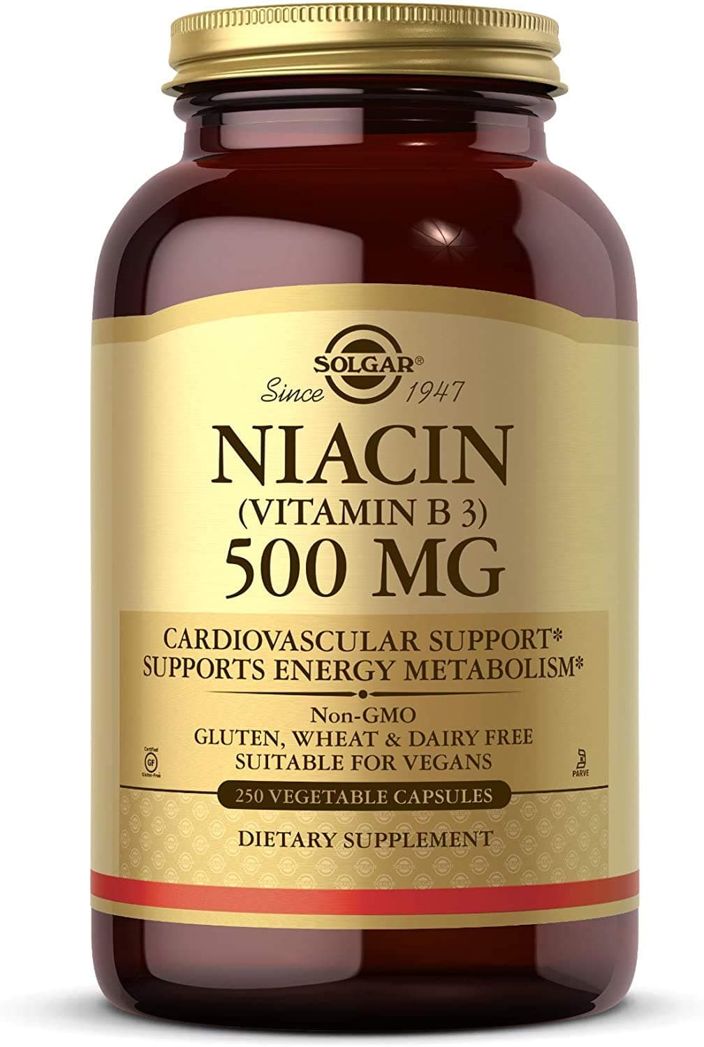 Solgar Niacin (Vitamin B3) 500 mg, 250 Vegetable Capsules - Energy Metabolism - Non-GMO, Vegan, Gluten Free, Dairy Free, Kosher - 250 Servings