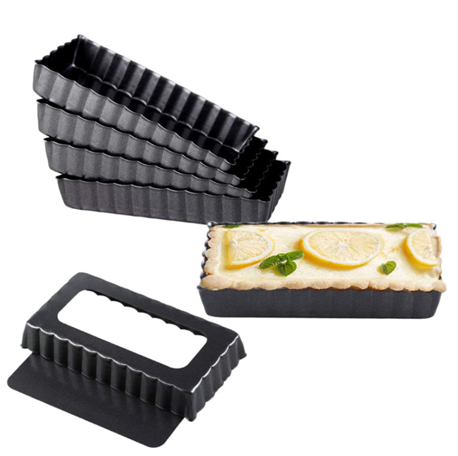 YYTFY Quiche Pan with Removable Bottom, Non-stick, Fluted Sides, 4.5 Inch Mini Pie Tin Tart Pan, Carbon Steel Rectangular Pizza Pan Flan Pan, Baking Molds for Pies, Cheese, Desserts, Set of 2