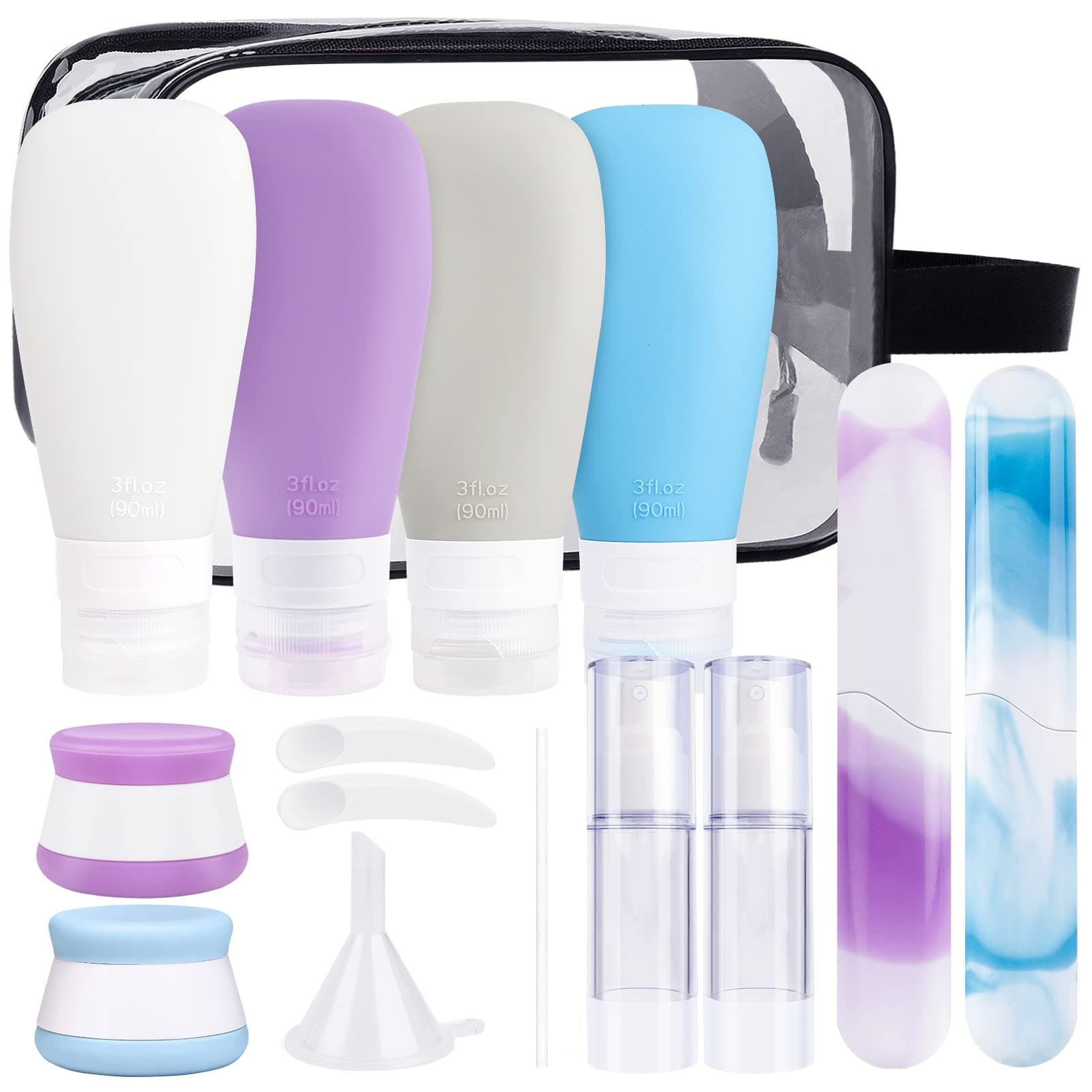INSFIT Silicone Travel Bottles Set, 17 Pcs Travel Size Toiletries, 3oz Travel Bottles for Toiletries, Travel Accessories for Women, Airplane Travel Essentials, Travel Containers for Toiletries