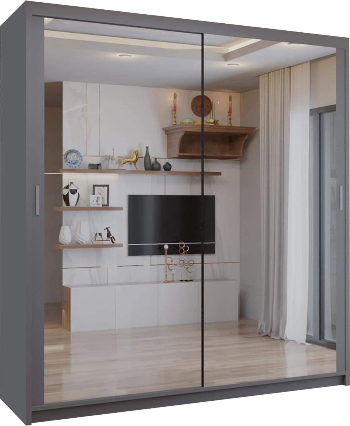SLIDING WARDROBE 4U Double Mirror Sliding Door Wardrobe with LED LIGHT 90/120/150/180/203 (Grey, 120cm)