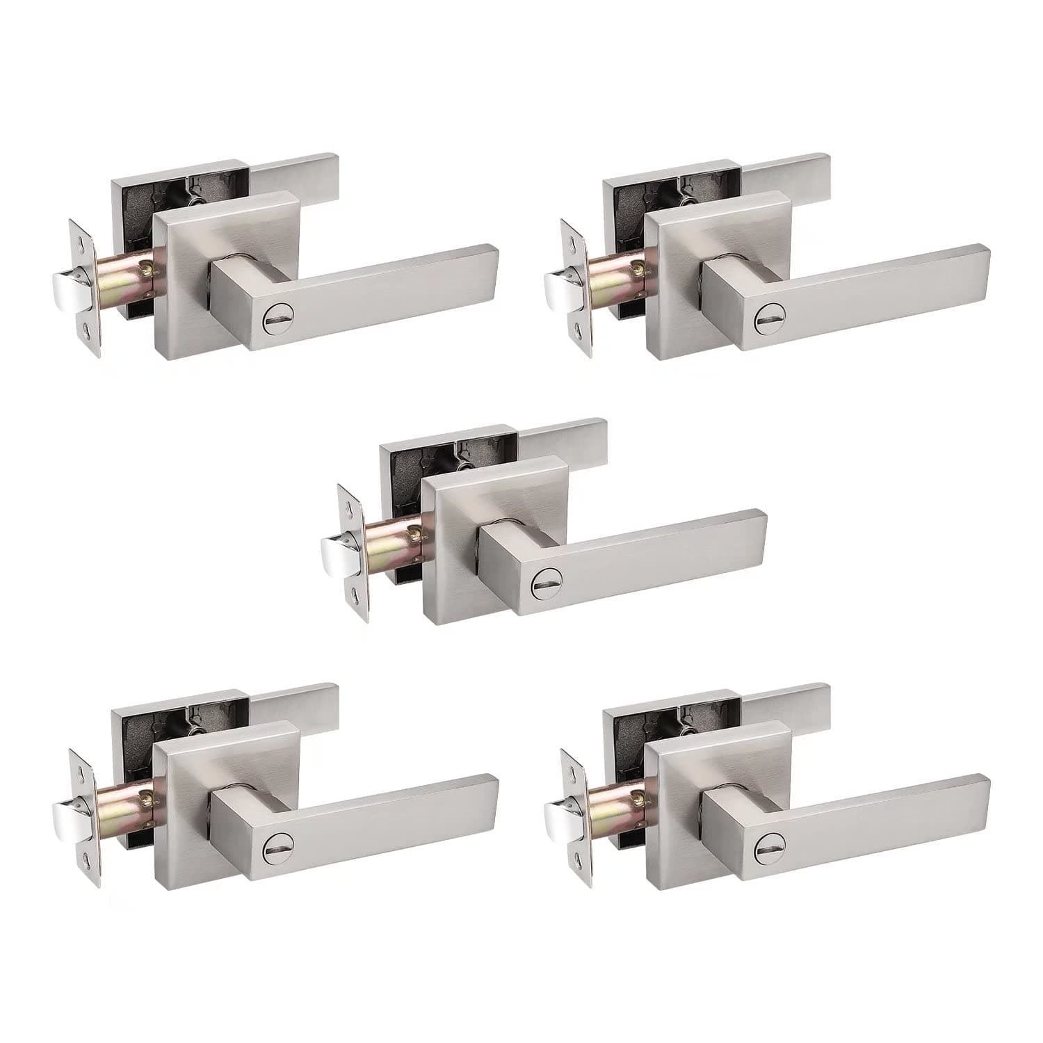 Probrico 5 Pack Square Door Lever Privacy Door Lock Handleset Keyless Lockset Door Knobs Storage Room Bathroom Set No Key in Satin Nickel