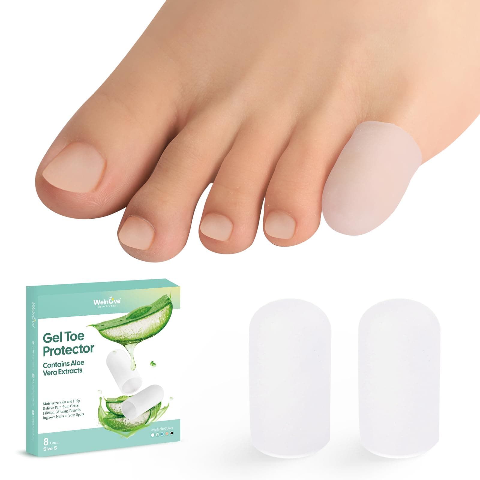 Pinky Gel Toe Cap and Protector - 12-Pack Aloe Vera Extract Infused Silicone Toe Covers - Toe Cushions for Pain Relief, Missing or Ingrown Toenails, Corns, Calluses, Blisters (8S, Clear)