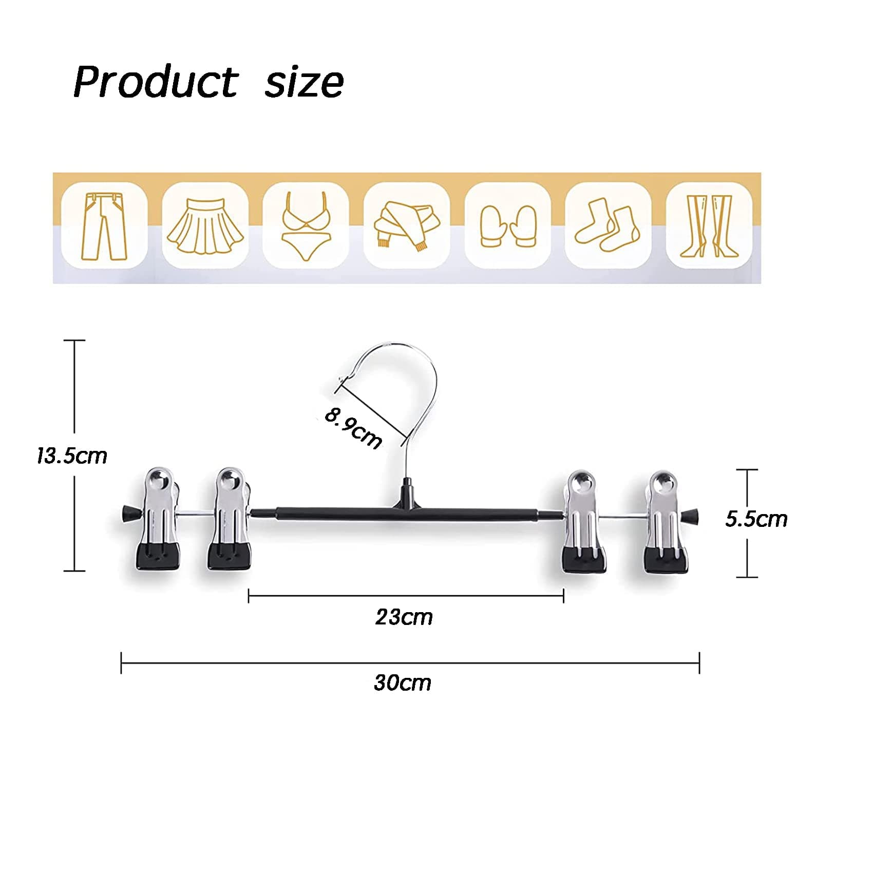 Trouser Hangers Made of Metal, Pack of 10 Clothes Hangers for Trousers, Socks, Skirts, 30 cm, Non-Slip, Chrome-Plated, Skirt Hangers with Clips, High Load Capacity