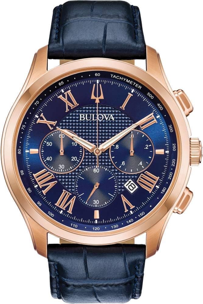 Men's Classic Wilton 3-Hand Chronograph Watch, Luminous Hands, Roman Numeral Markers Domed Mineral Crystal, 43mm, Blue Strap/ Rose Gold