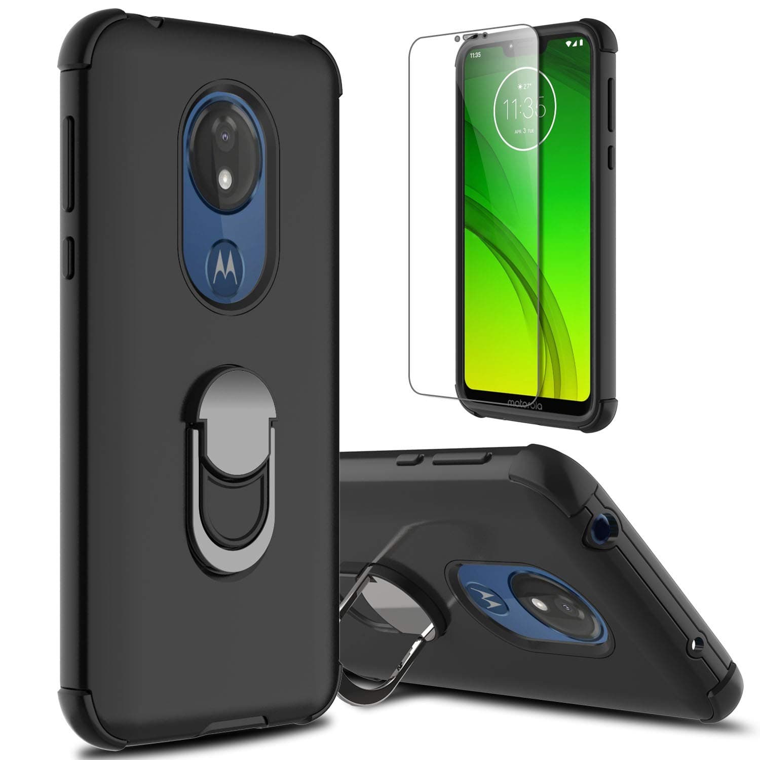 lovpec Moto G7 Power Case, Moto G7 Supra Case with Soft TPU Screen Protector, Moto G7 Optimo Maxx Case, Ring Magnetic Holder Kickstand Protective Phone Cover Case for Motorola Moto G7 Power (Black)