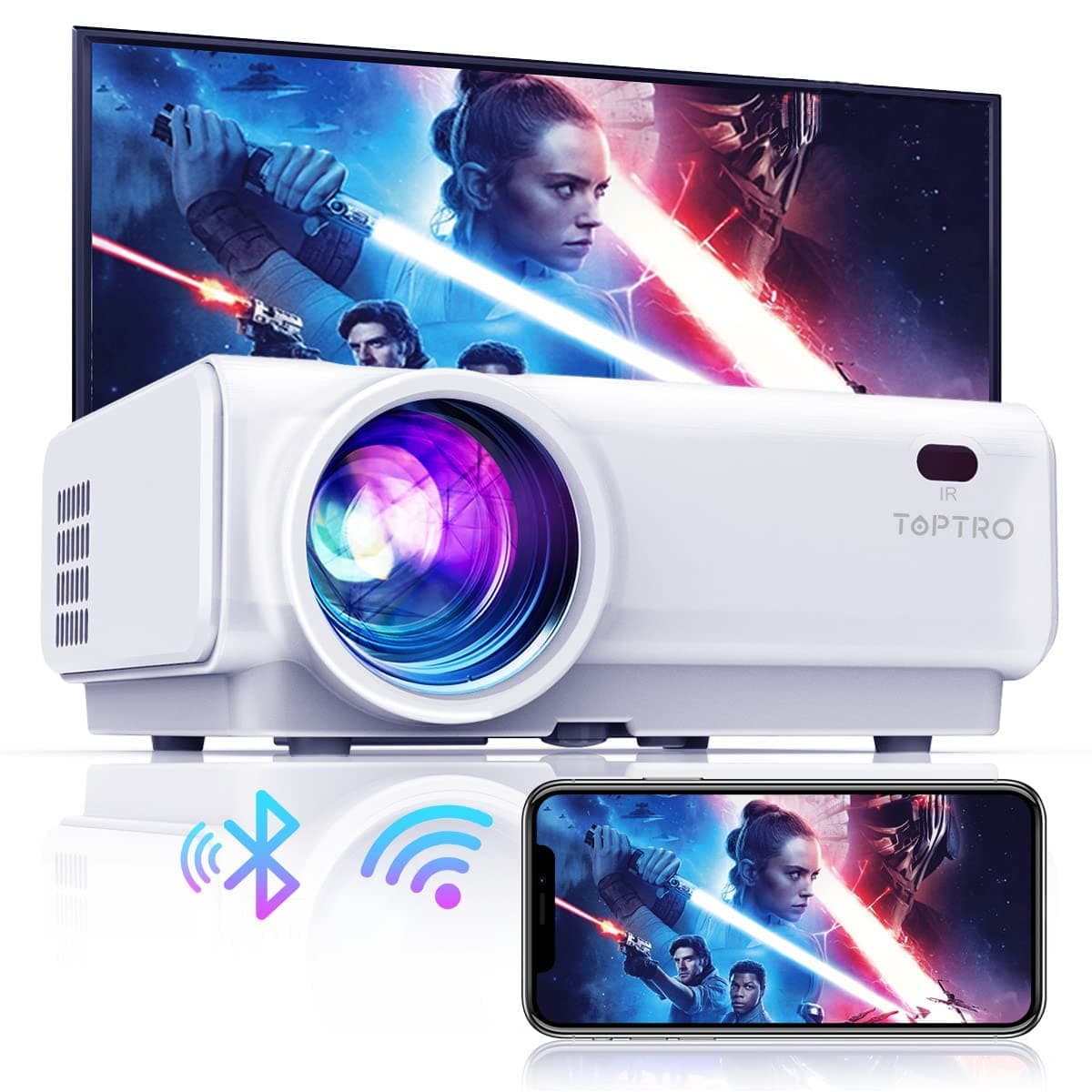Mini Projector, Wifi Bluetooth projector, TOPTRO Portable Projector Native 1080P, 7500 Lumen Wireless Home Cinema Projectors with 200" Display