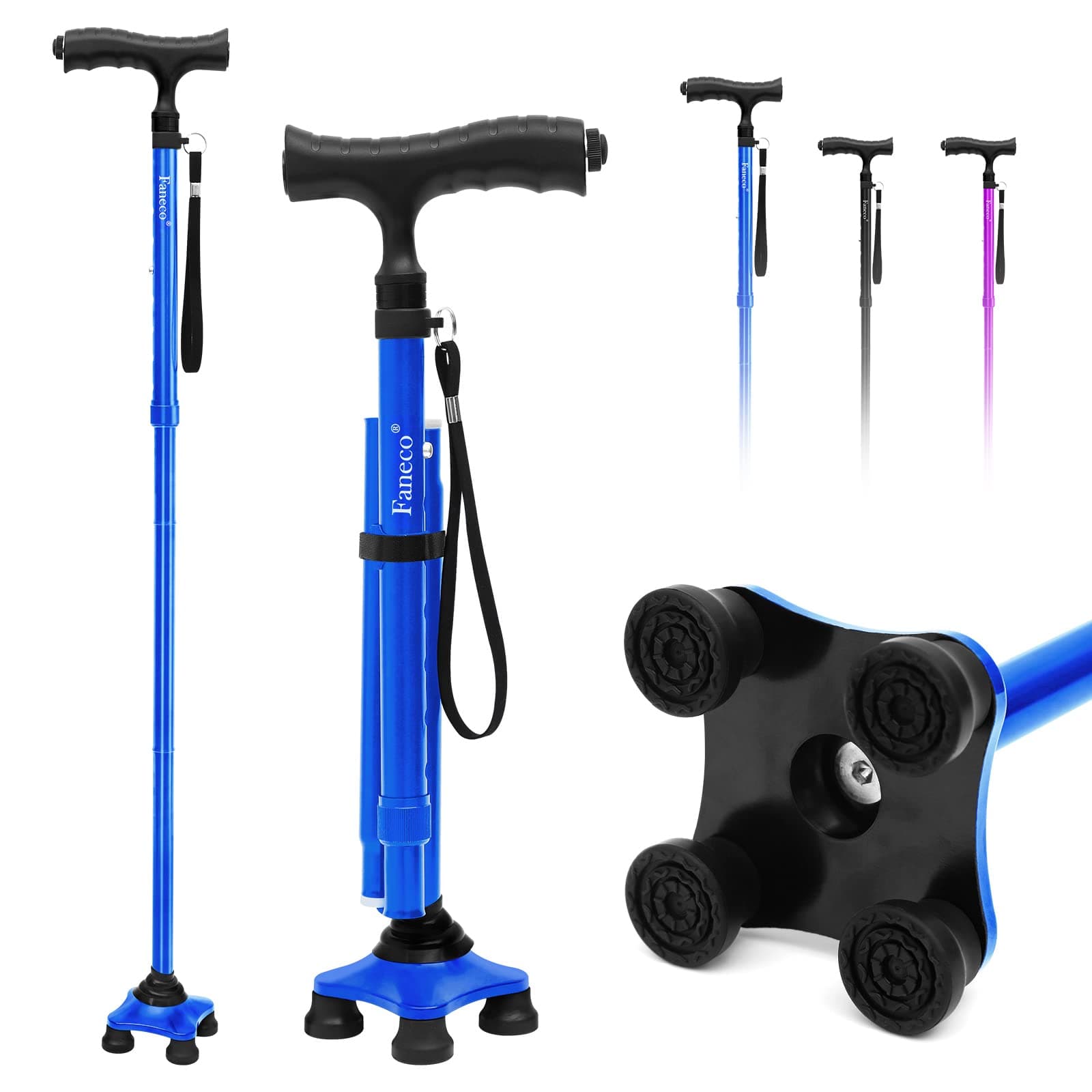 Walking Cane, Cane with LED Light, Pivoting Quad Base, Adjustable Walking Stick for Men/Women