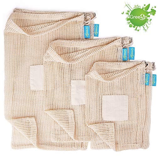 Eco Friendly Reusable Produce Bags - Non Plastic - Net Zero Waste, Organic Cotton Mesh Produce Vegetable Bag Washable (with Drawstring & Tare Weight) for Grocery Shopping and Storage, Set of 6