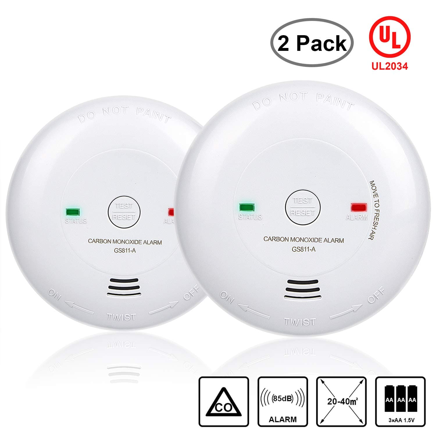 Carbon Monoxide Alarm, 2 Packs UL 2034 Listed Carbon Monoxide Detector Battery-Operated CO Alarm(Not Hardwired) Silence Button, Electrochemical Sensor(Battery Included)