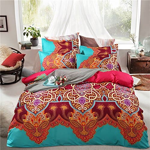 Polyester Boho Bambi 4PC Duvet Cover Set Red/Blue Bohemian Exotic Patterns King Size