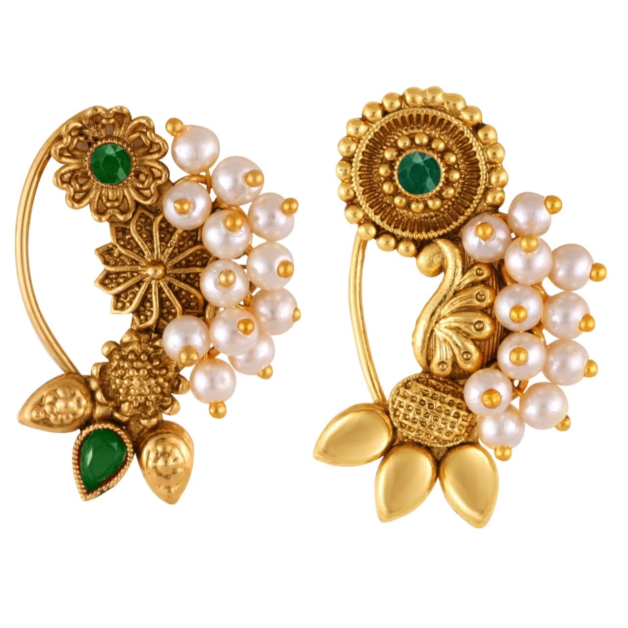 Vighnaharta Golden Moti Pearls Nath Nathiya nose pin Gold Plated Alloy two Nose Ring valentine day gift valentineday gift for her gift for him gift for women gift for woment[VFJ1181-1172NTH-Press-Green]