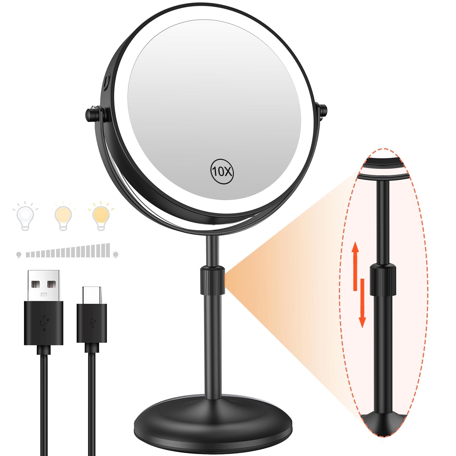 Benbilry Lighted Makeup Mirror with 10X Magnification & 3 Color Lights, Adjustable Brightness & Height, 7 Inch 360° Swivel Rechargeable LED Magnifying Make Up Mirror with Lighting (Black)