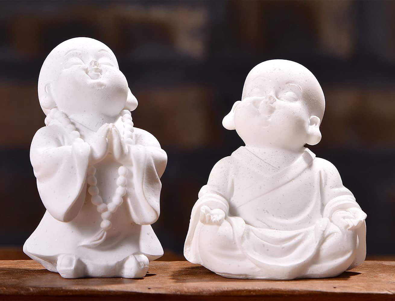 2pcs Buddha Statue Happy Laughing Buddha Figurine Cute Small Monk Statues Mini Maitreya Buddha Minimalist for Desktop Ornament Home Decor Car Dashboard and Shelf Decorations Buda (White)