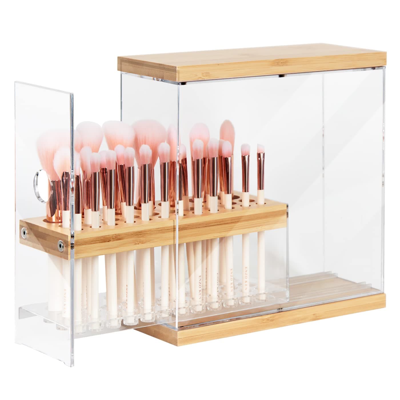JACKCUBE DESIGN Bamboo Makeup Brush Holder Organizer With Transparent Drawer - 29 Holes Beauty Cosmetic Display Stand (8.77 x 3.38 x 8.46 Inches) - MK228C