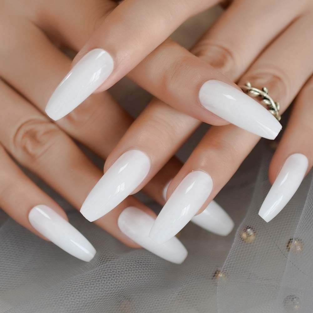 Smooth Long Pure Color Nail Tips Snow White Shiny Salon Coffin Nail Full Cover Decoration Nail Art Fake Nail 24pcs