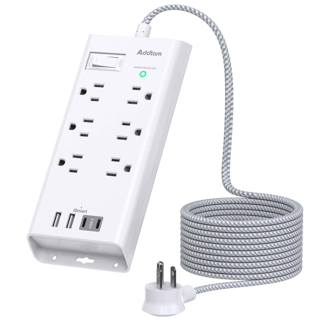 Addtam Power Strip Surge Protector 6 Outlets and 4 USB Ports(2 USB-C Ports) 5Ft Long Extension Cord, Flat Plug Overload Surge Protection Outlet Strip, Wall Mount for Home, Office and Dorm