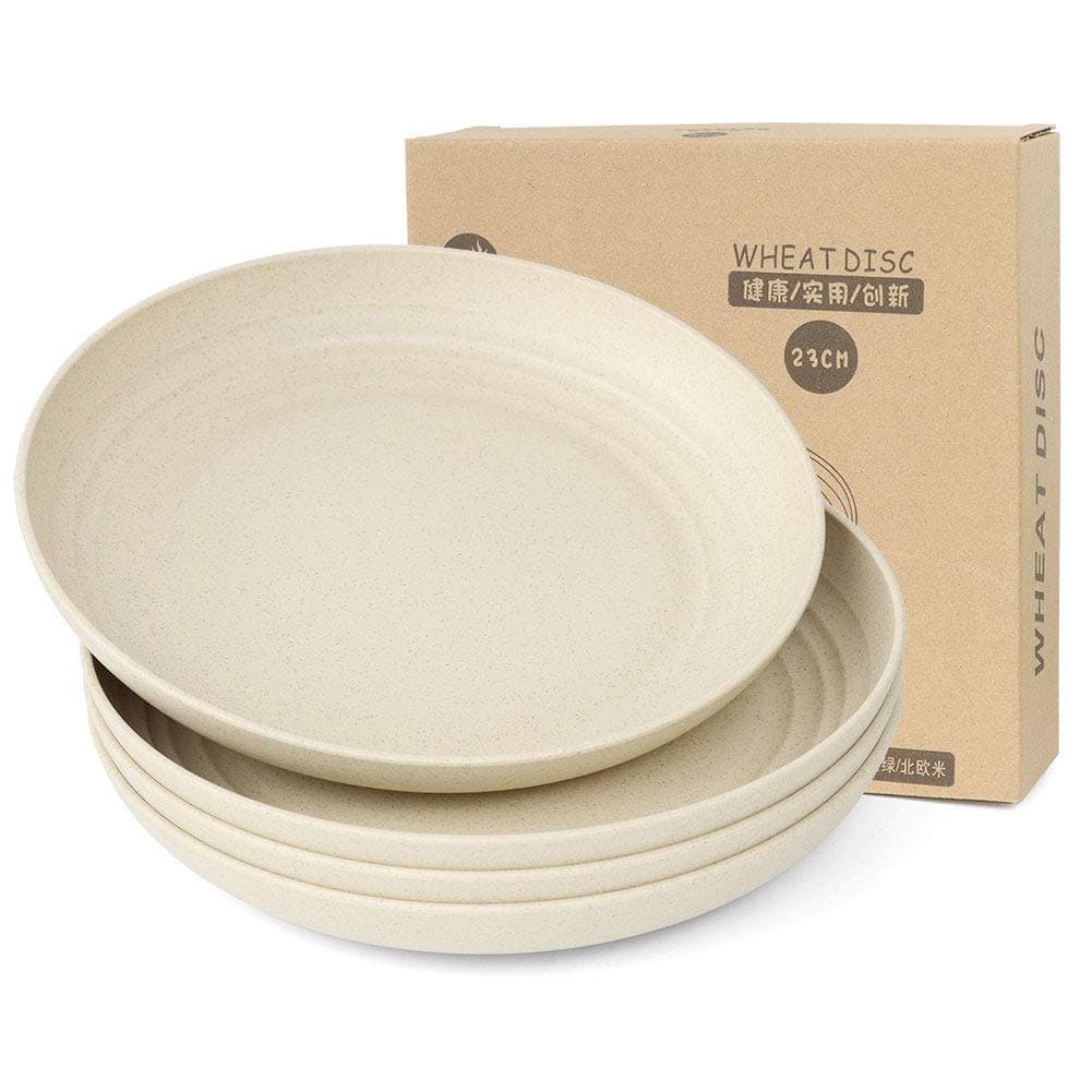 Wheat Straw Plates Plastic Plates Reusable 9 Inch - Microwave Safe Plates for Kitchen Set of 4, Unbreakable Dinner Plates