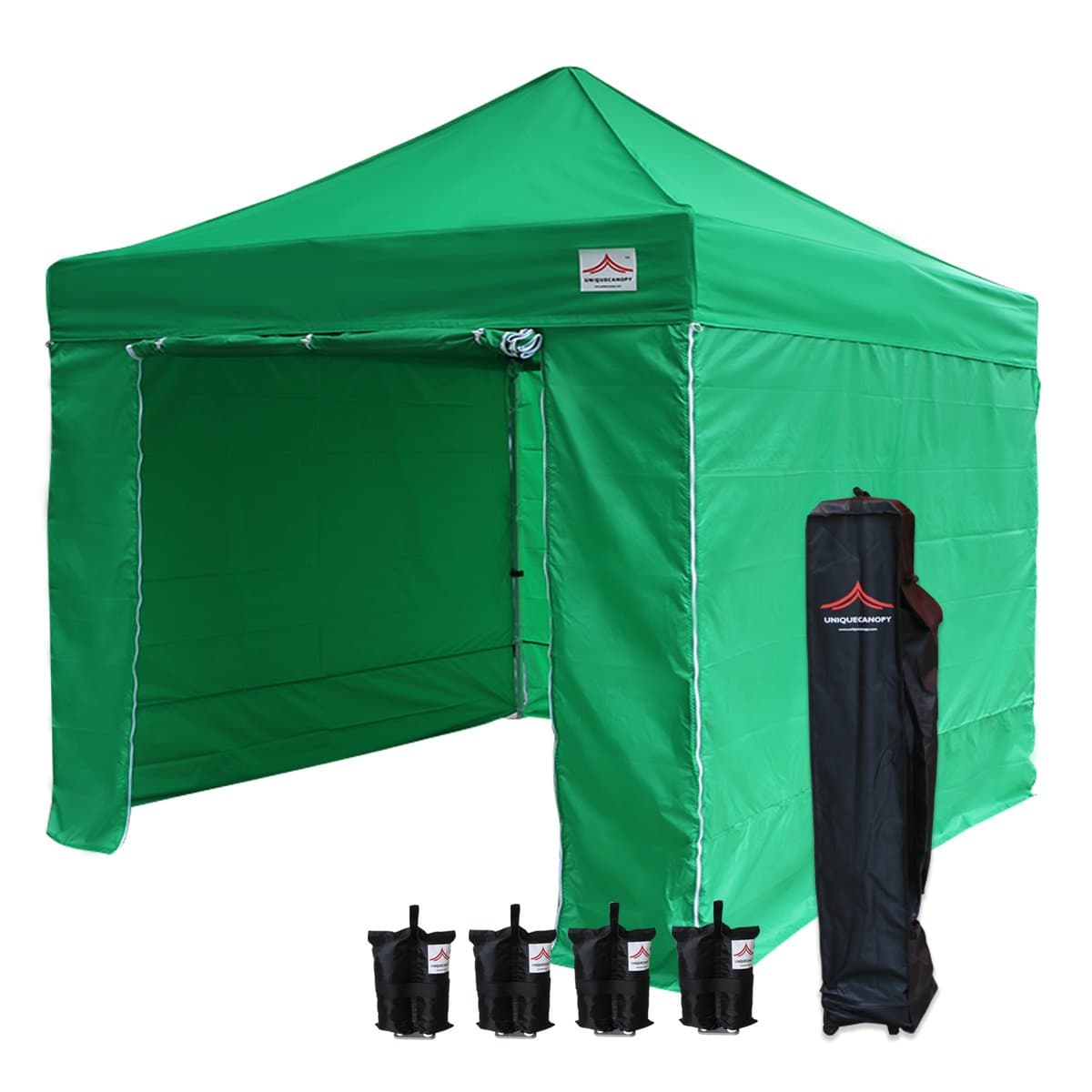10'x10' Ez Pop Up Canopy Tent Commercial Instant Shelter, with 4 Removable Zippered Side Walls and Heavy Duty Roller Bag, 4 Sand Bags Green