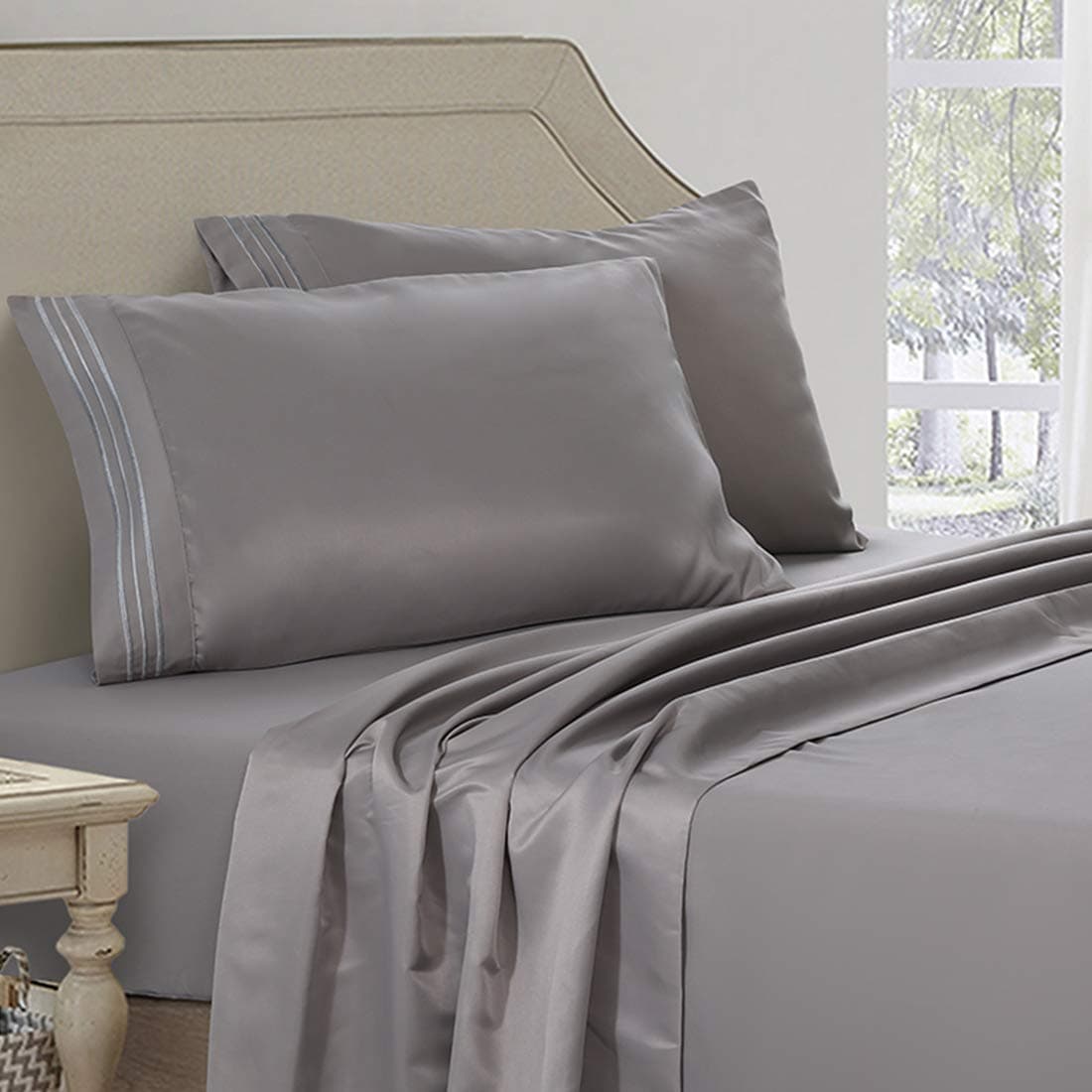 ABAKAN Bed Sheet Set Queen Size Super Soft 4 Piece Bedding Sheet Smooth Microfiber 1800 Thread Count Luxury Premium Cooling Sheets Breathable Fade Resistant Deep Pocket (Queen, Grey)