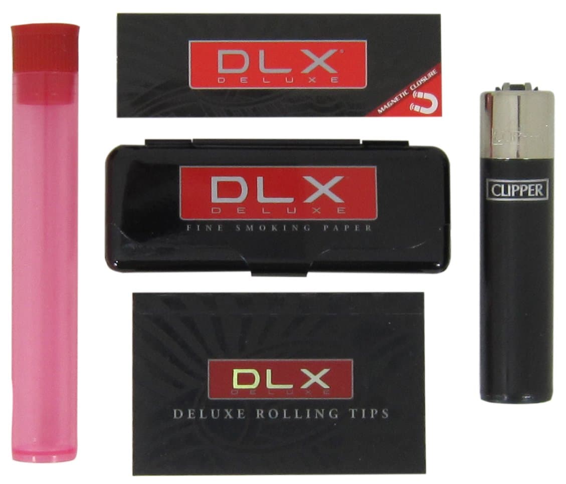 Bundle-5 Items-DLX Rolling Papers 1 1/4, Tin Case, Clipper Lighter, Tips and"RPD" Kewltube