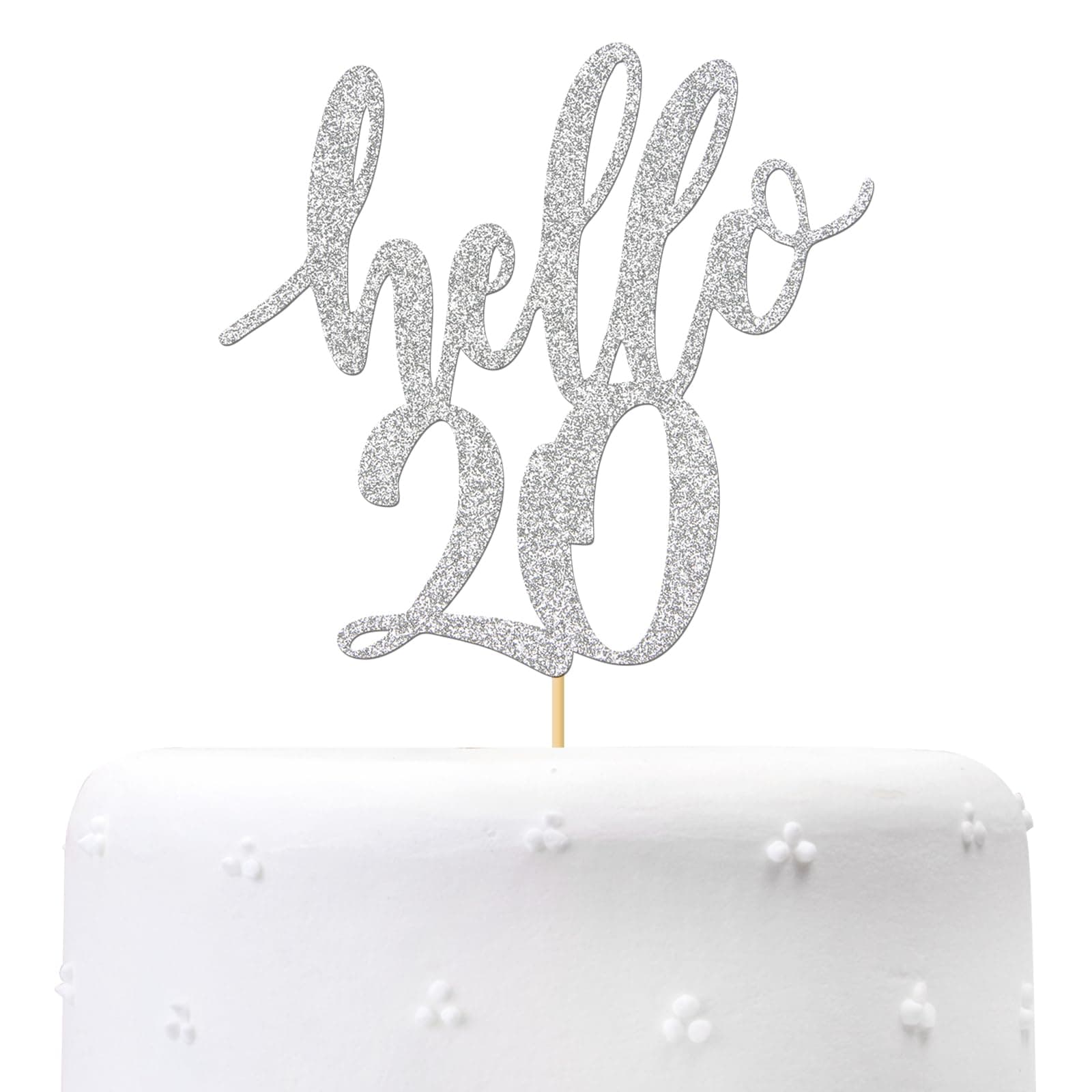 Hello 20 Cake Topper – 20th Birthday / 20th Anniversary Party Cake Decoration, 20th Birthday / 20th Anniversary Party Decorations Supplies (Silver, Hello 20)