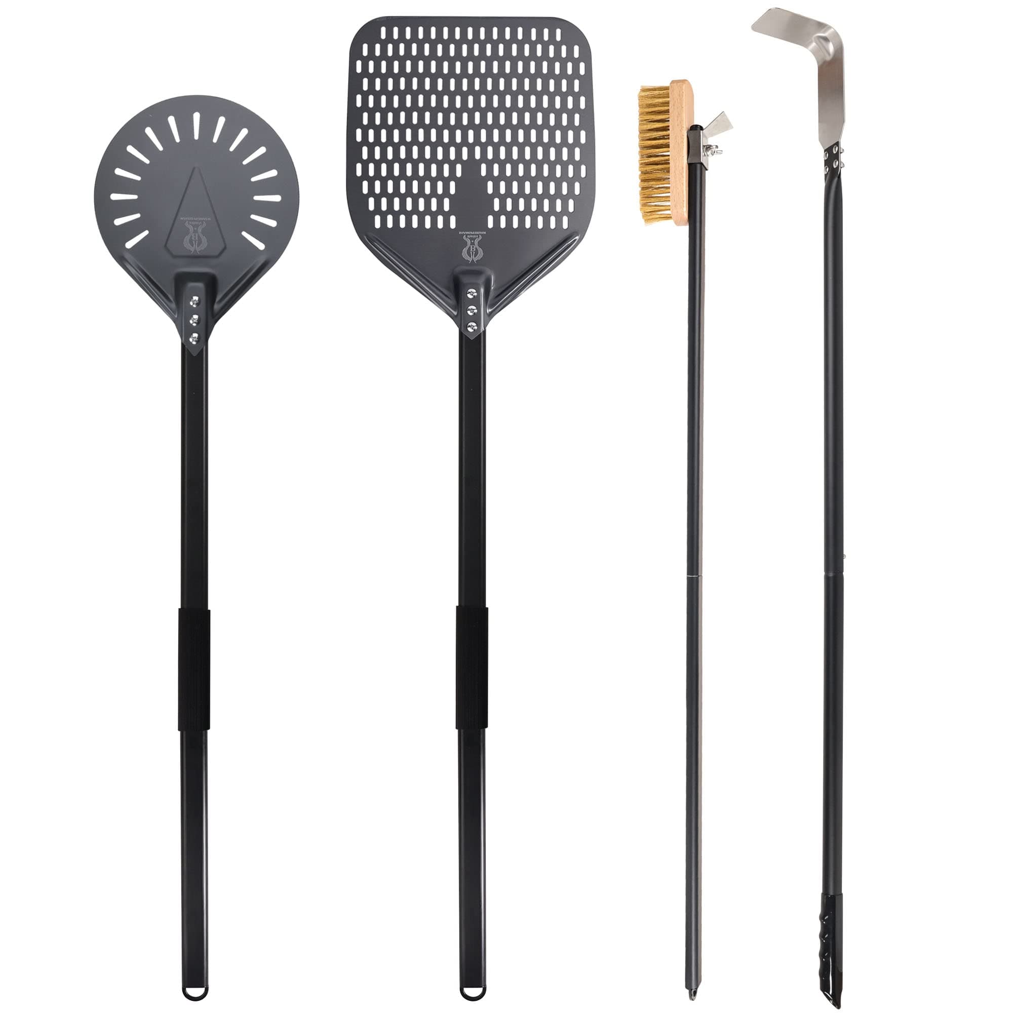 Pizza Turning Peel 9 Inch Perforated Pizza Peel and Pizza Brush Ash Rake 4 Piece Wood Fired Commercial Pizza Oven Utensil Kit with 40-Inch Aluminum Handle