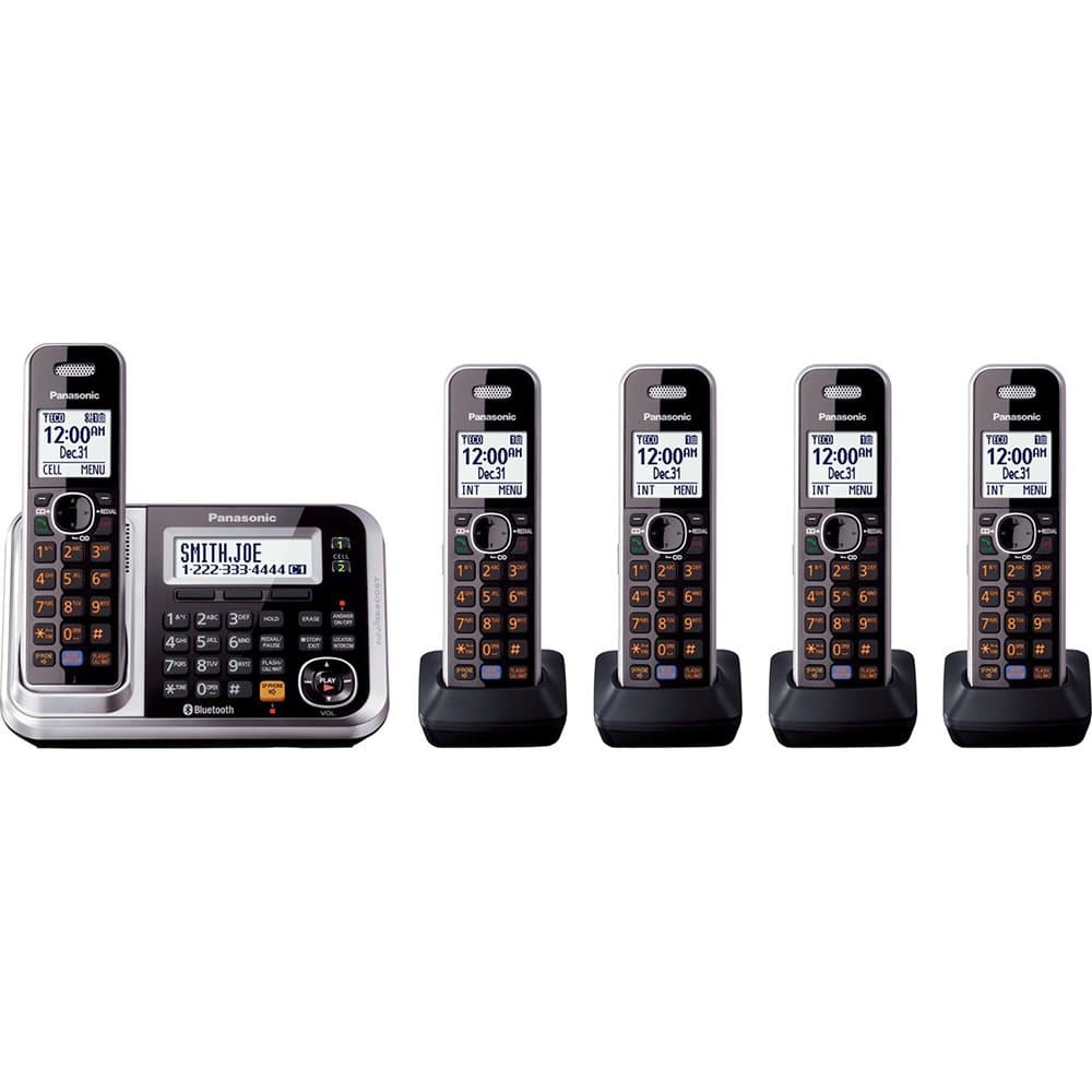 Panasonic Bluetooth Cordless Phone KX-TG7875S Link2Cell with Enhanced Noise Reduction & Digital Answering Machine - 5 Handsets (Black/Silver)