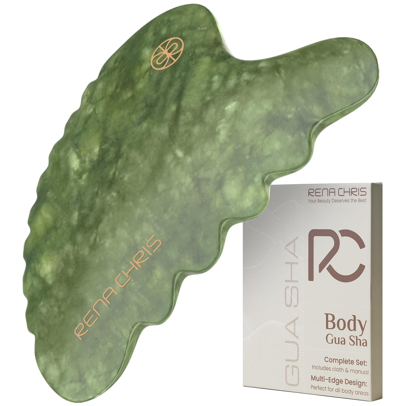 Rena Chris Body Gua Sha Tools, Natural Xiuyan Jade GuaSha Tool, Manual Massage Sticks for Jawline Sculpting and Puffiness Reducing, Whole Body Skin Care Massager (Green)