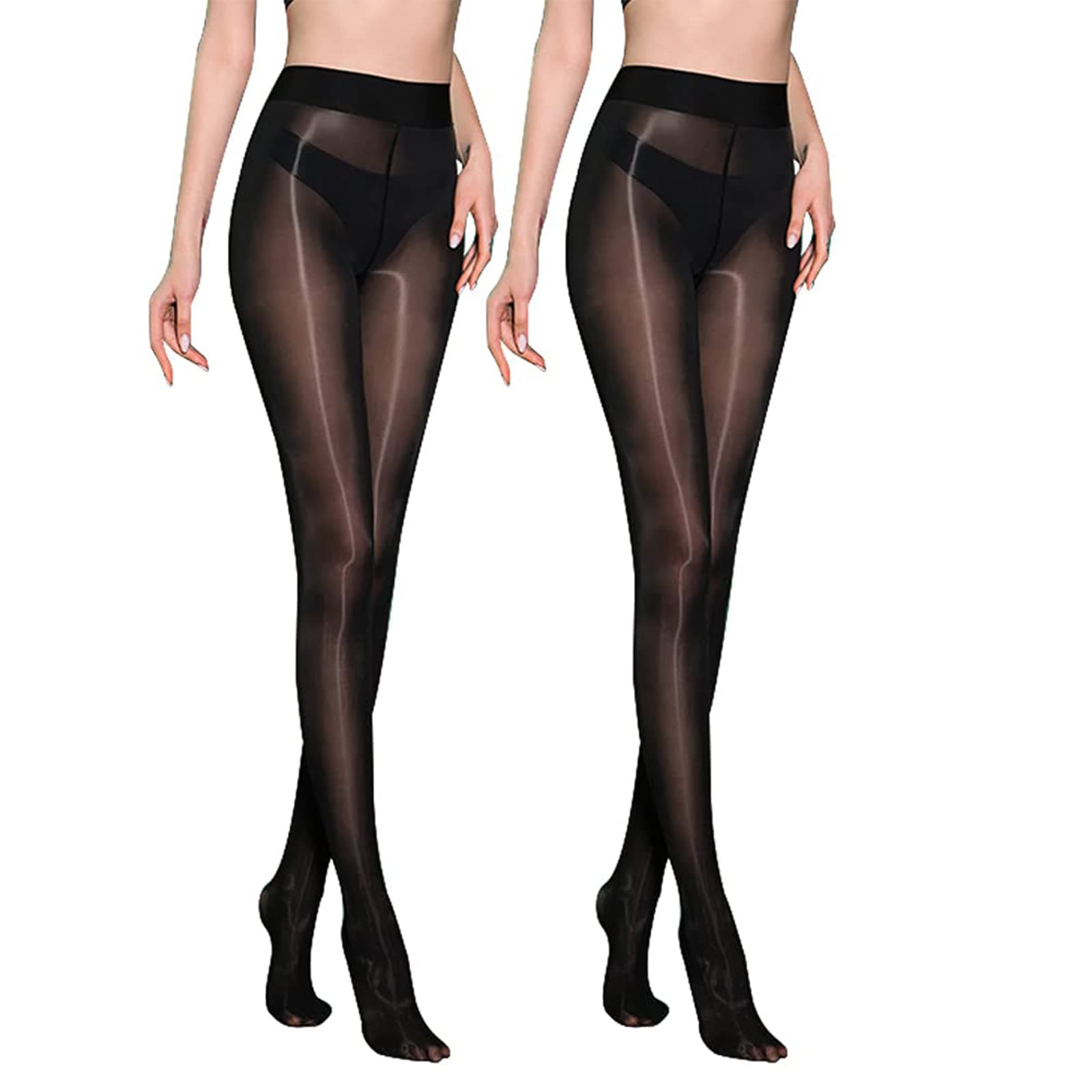 2Pack Oily Gloss Tights High Waist Sheer Women Pantyhose 360° Seamless Sheer Girls Stockings Women Tights with 3D Soft Top Footed Run Resistant for Daily Wear, One Size