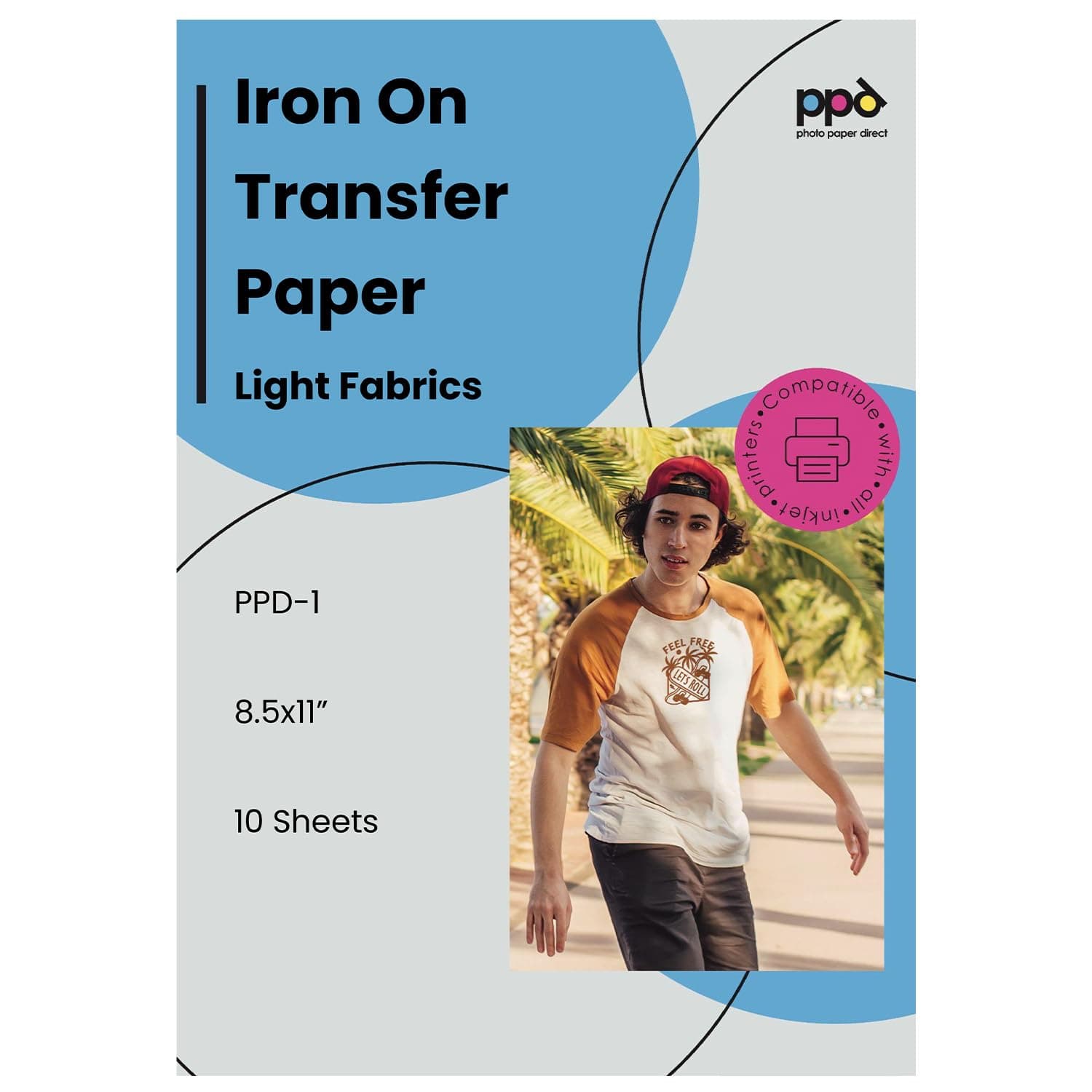 PPD Inkjet Iron-On White and Light Color T-shirt Transfers Paper (LTR 8.5x11in, Pack of 10 Sheets, PPD001)