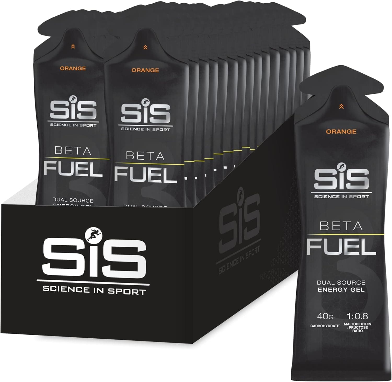 Science In Sport Beta Fuel Energy Gels | 40g Carbohydrates | 1:0.8 Maltodextrin:Fructose Ratio | Easily Digestible | Gluten Free | No Water Needed | Running Gels | Orange Flavour | 30 Pack