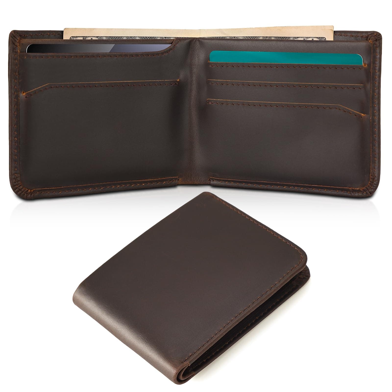 Polare Full Grain Leather Slim Bifold Wallet RFID Blocking Minimalist Front Pocket Travel Wallet Card Case for Men