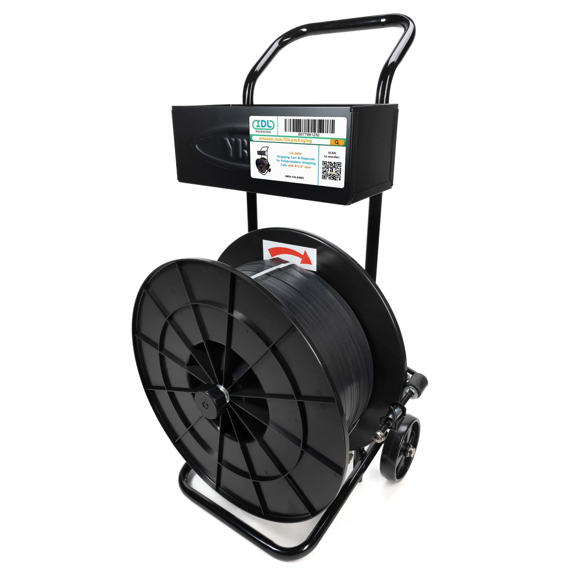CA-240H Strapping Cart & Dispenser for Polypropylene (PP) Coils with 8" x 8" Core Size - Durable Sturdy Tube Frame - Spacious Tray for Strapping Cutter, Buckles and Gloves