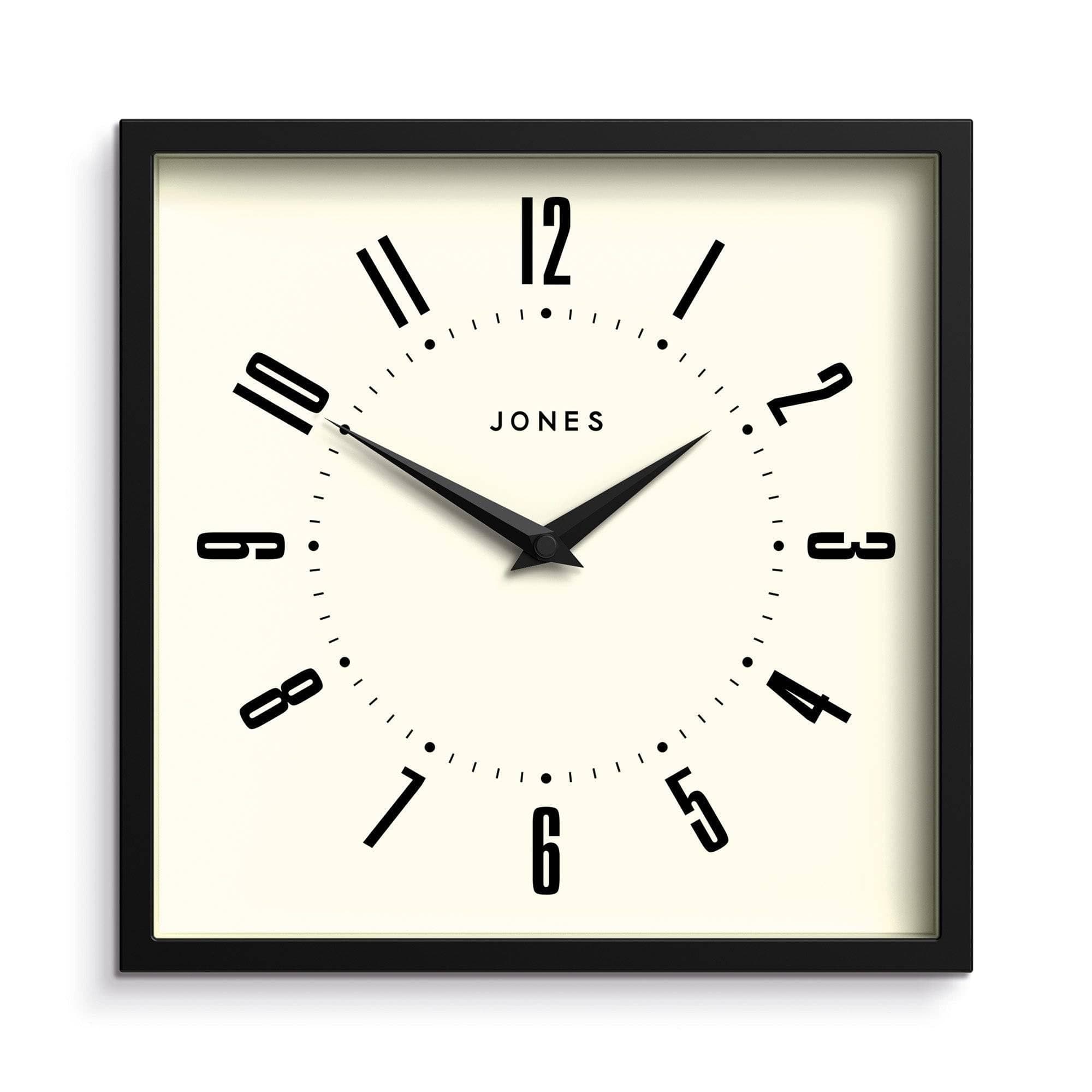 JONES CLOCKS® Box Wall Clock | Retro Square | 10 inch | Black | Easy to Read Numbers | Perfect Kitchen or Office Clock