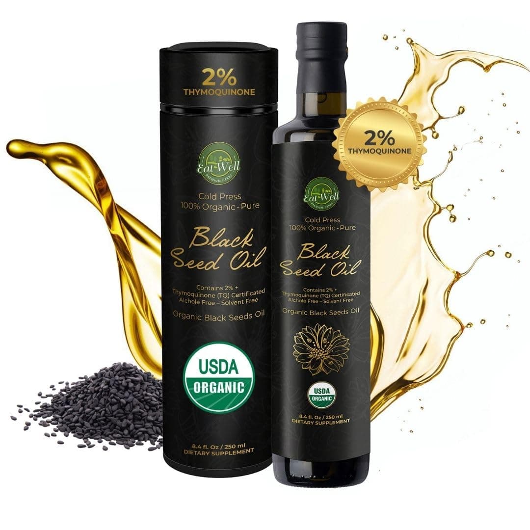 Eat Well Premium Foods USDA Organic Black Seed Oil 8.4 FL oz Bottle, Cold Pressed Black Seed Oil Liquid, 100% Natural Raw Nigella Sativa Black Cumin Oil, 100% Natural Gourmet Food