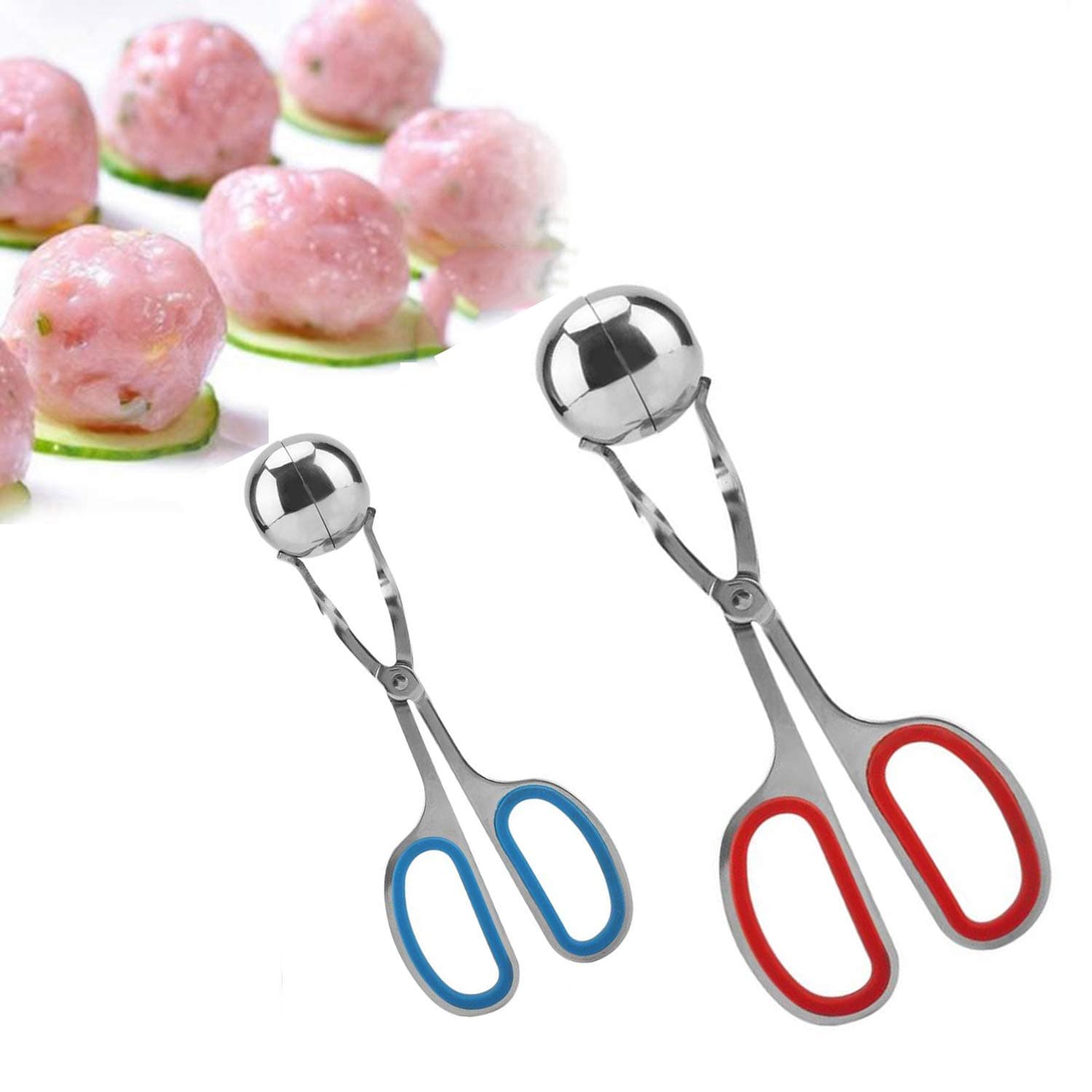 Meat Ballers with Anti-Slip Handles, 2pcs None-Stick Stainless Steel Meat Baller Tongs Cake Pop Meatball Maker Ice Tongs Cookie Dough Scoop for Kitchen. (1.38" and 1.78")