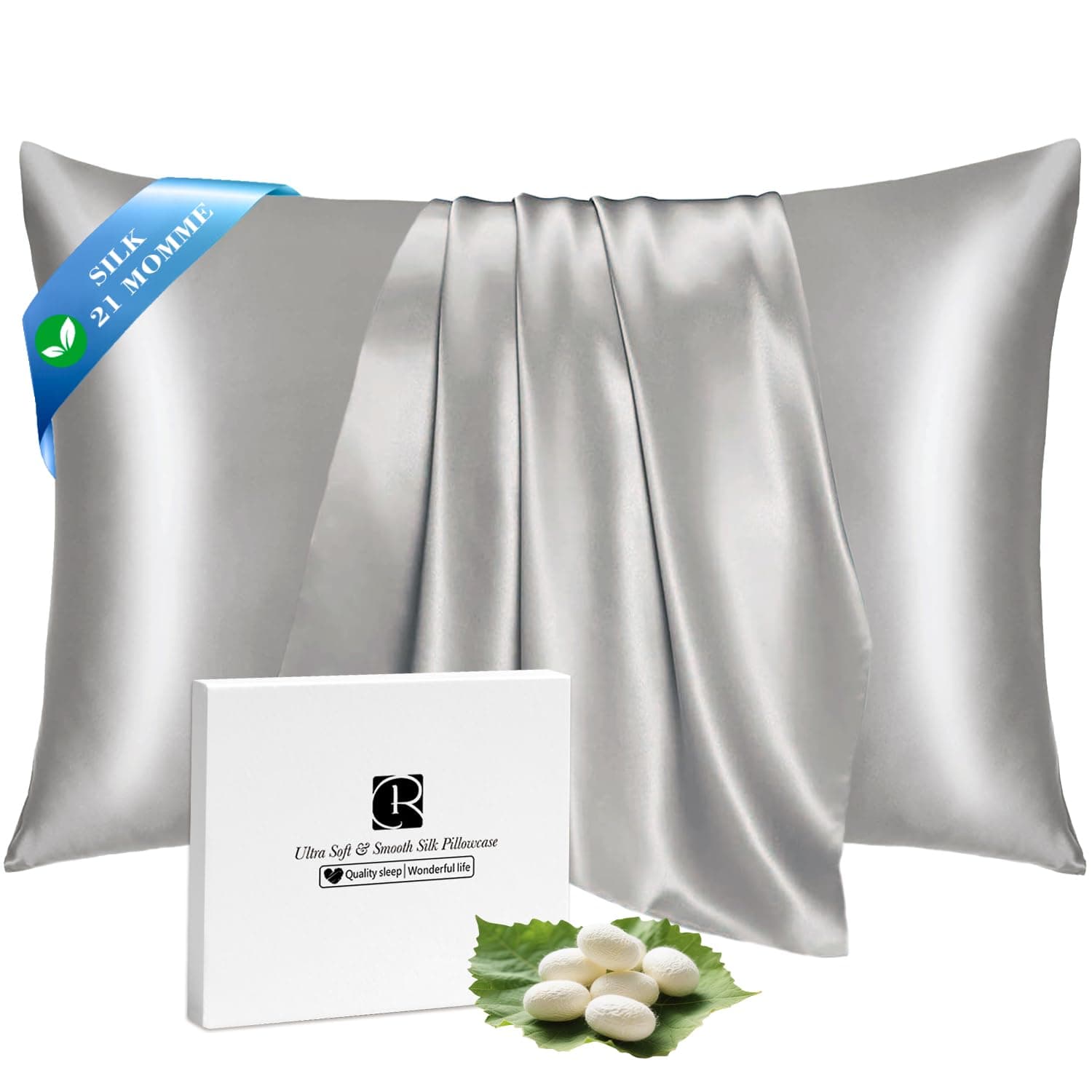 Ravmix Silk Pillow Cases with Zipper, 21momme Mulberry Silk Pillowcase for Hair Skin Health, Soft Smooth Breathable Cool Pillow Cover for Beauty Sleep with Gift Box(Standard 20"x26", Apricot Gray) 1PC