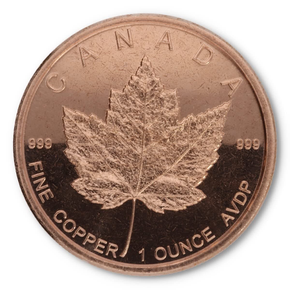 1 ounce (AVDP) .999 fine copper - 1 piece embossed with motif (Maple Leaf)