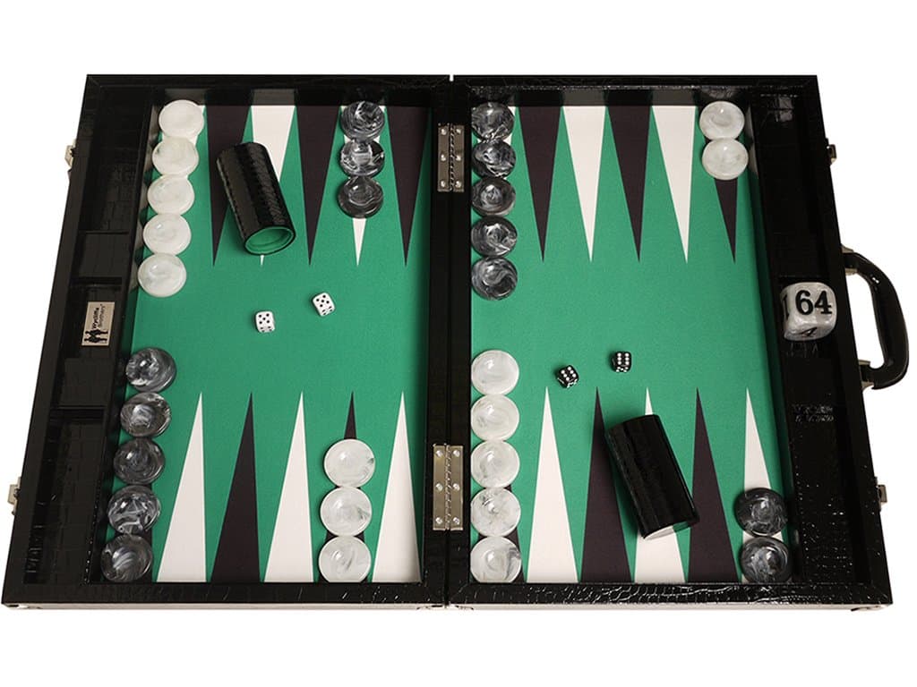 21" Tournament Backgammon Set - Black Croco Board with Green Field - Gen III