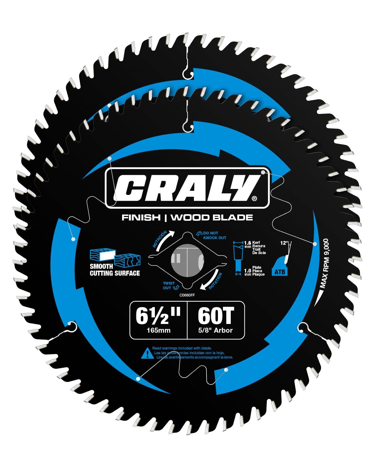 CRALY 6-1/2 Inch 60 Teeth Ultra Fine Finish Wood Cutting Circular Saw Blade, 5/8 Inch Arbor, Carbide Tipped, Thin Kerf, Black Ice™, for Plywood, MDF, OSB, Laminated, 2-Pack(C0660FF-2)