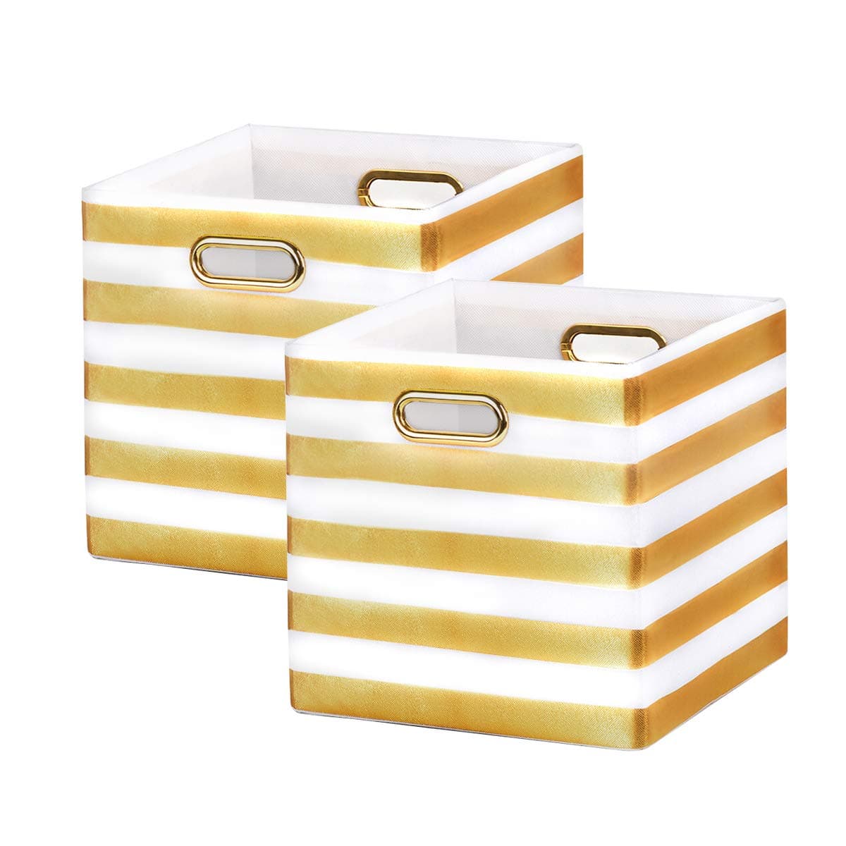BAIST Cube Storage Bins,Nice Foldable Square Gold Fabric Decorative Cubby Storage Cubes Bins Baskets for Nursery Bedroom First Day of School Shelf 2-Pack,White Strip