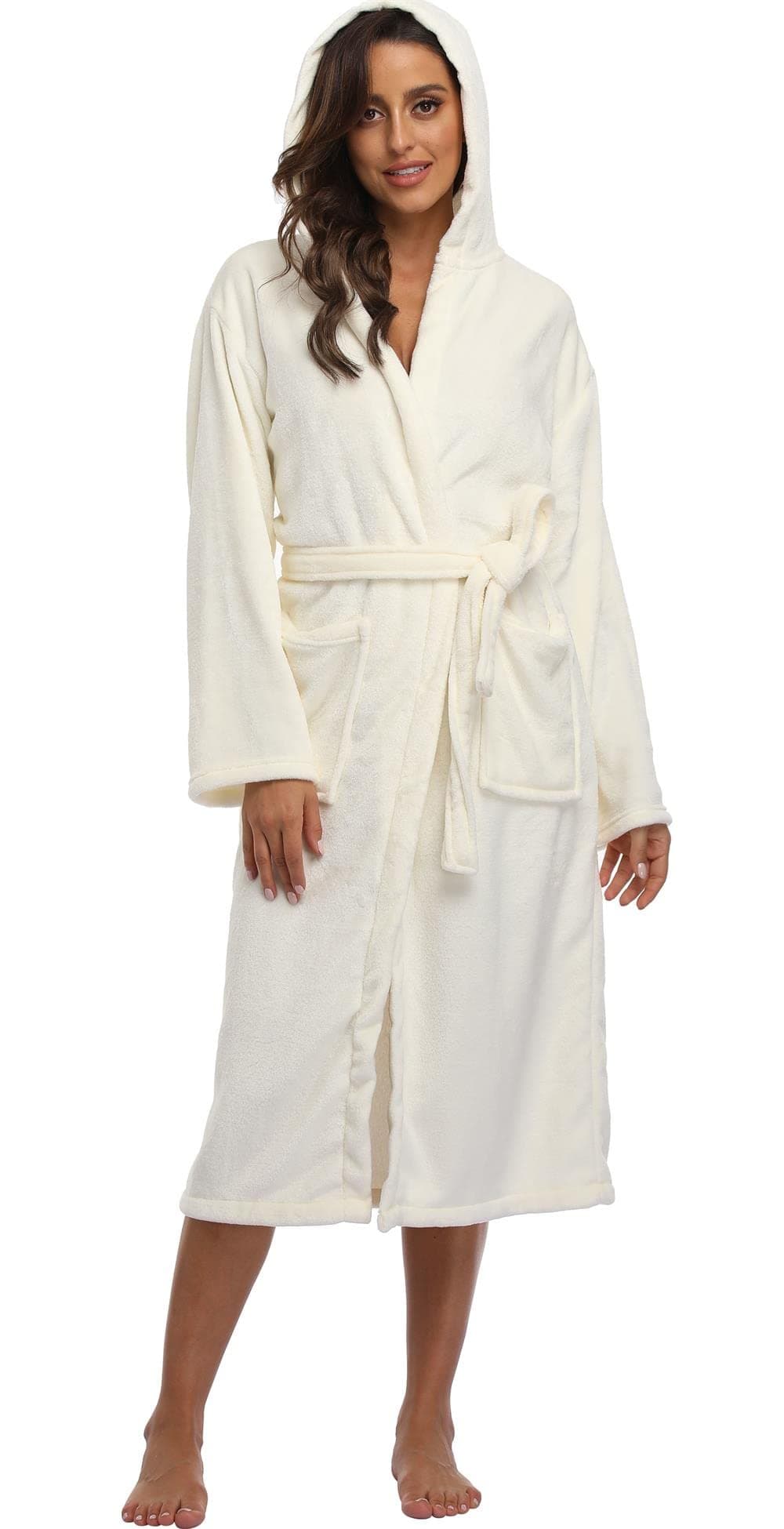 VIKEY Women's Long Hooded Bathrobe Plush Fleece Robe for Christmas Warm Pajamas Shower Nightgown