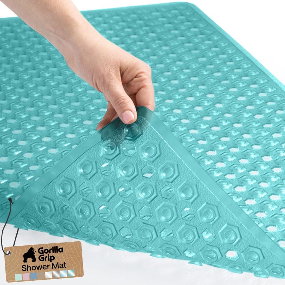 GORILLA Grip Patented Bath Tub Shower Mat, Machine Washable Bathtub Floor Liner Mats, Suction Cups and Drain Holes to Keep Tubs Clean, Soft on Feet, Bathroom Essentials, 35x16 Inch, Clear Turquoise