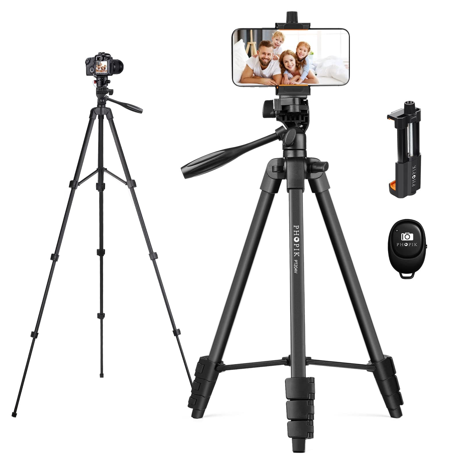 55" Phone Tripod, PHOPIK Aluminum Extendable Tripod Stand with Shutter, Carrying Bag, Compatible with iPhone/Android/Sport Camera&Insta 360 x5 Perfect for Video Recording/Selfies/Live Stream/Vlogging