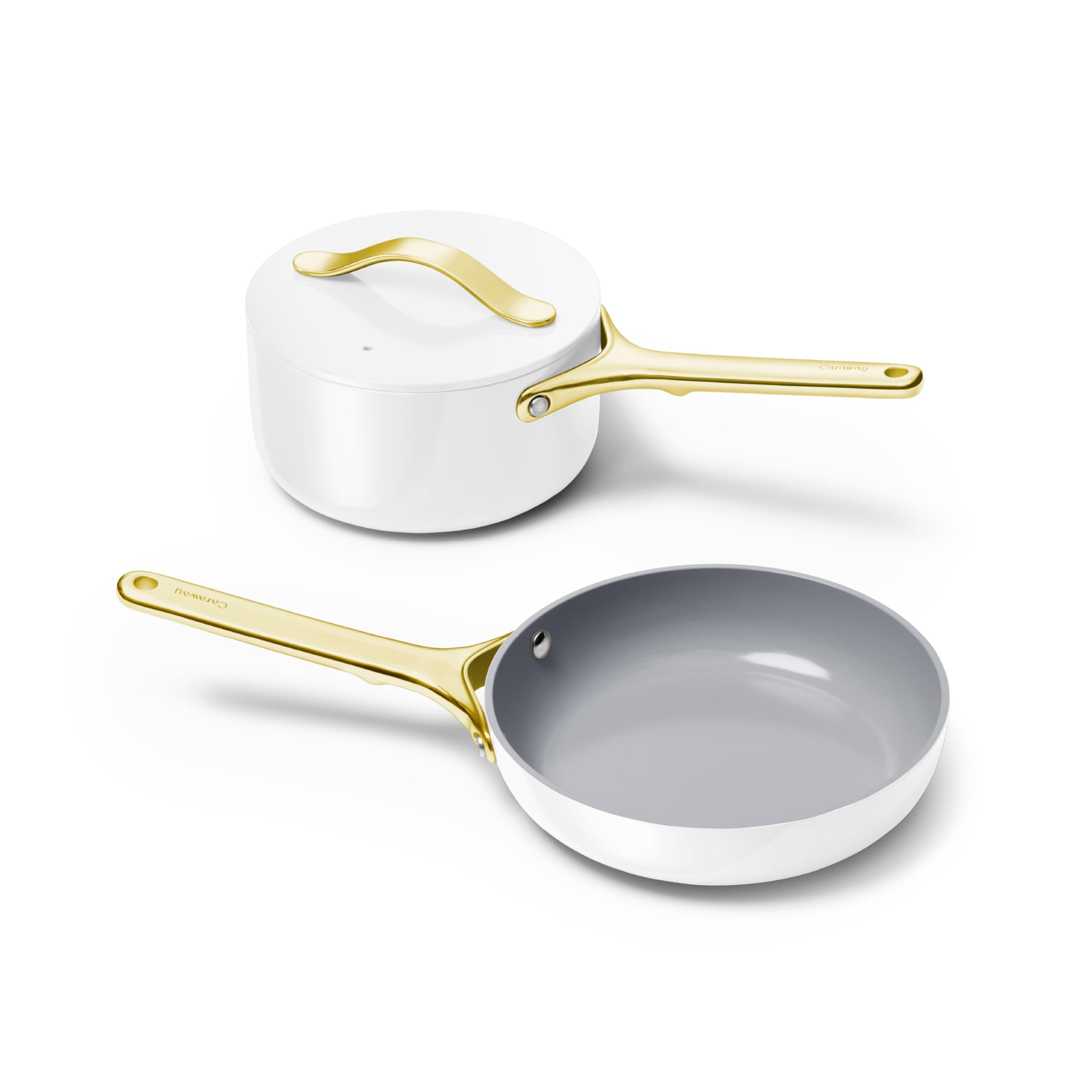 - Caraway Mini Cookware Set - Non-Stick Ceramic Fry Pan (1.05 qt, 8") Sauce Pan (1.75 qt) & Storage Rack - Non Toxic, PTFE & PFOA Free - Oven Safe & Stovetop Agnostic (Gas, Electric & Induction) - White