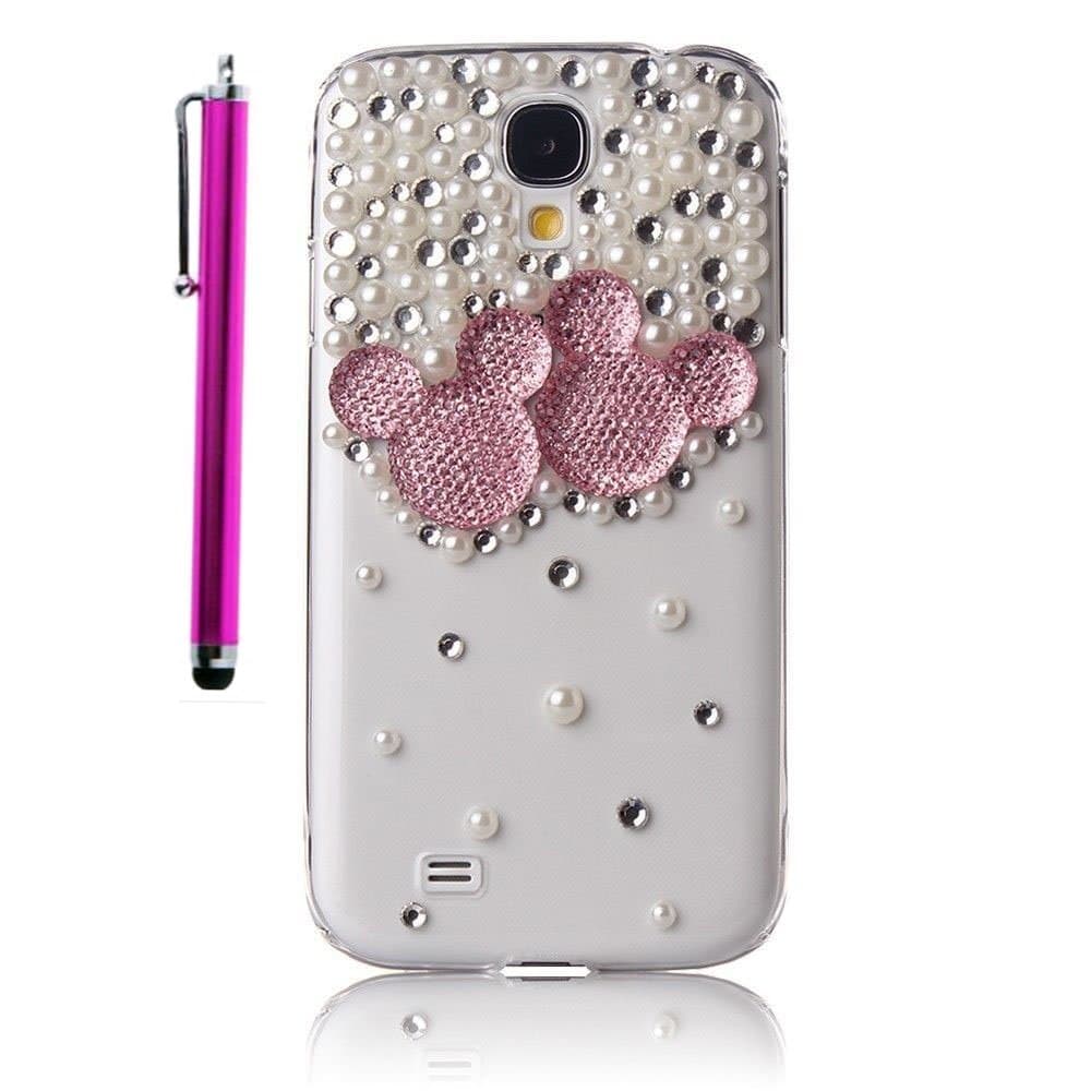 Aenmil(TM) 3D Bling Crystal Pearl Mickey Minnie Mouse Diamond Transparent Case for Samsung Galaxy S4 / SIV / i9500 and Free Gift Hot-pink Touch Pen (Pink)