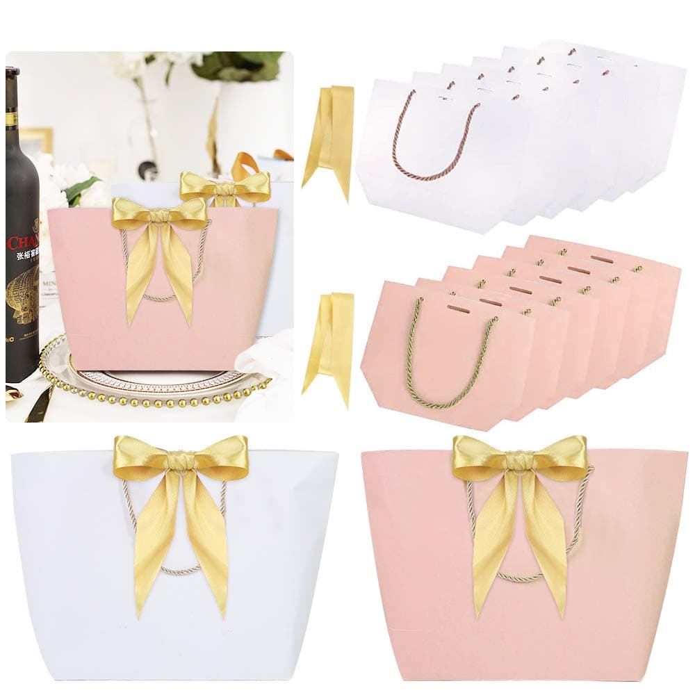 TANCUDER 12 PCS Gift Bags with Handles 28x20x9cm Paper Party Favor Bag Bulk Sweet Candy Goody Bags with Bow Ribbon for Elegant Birthday Wedding Graduation Celebration Present Wrap, Pink & White,Medium