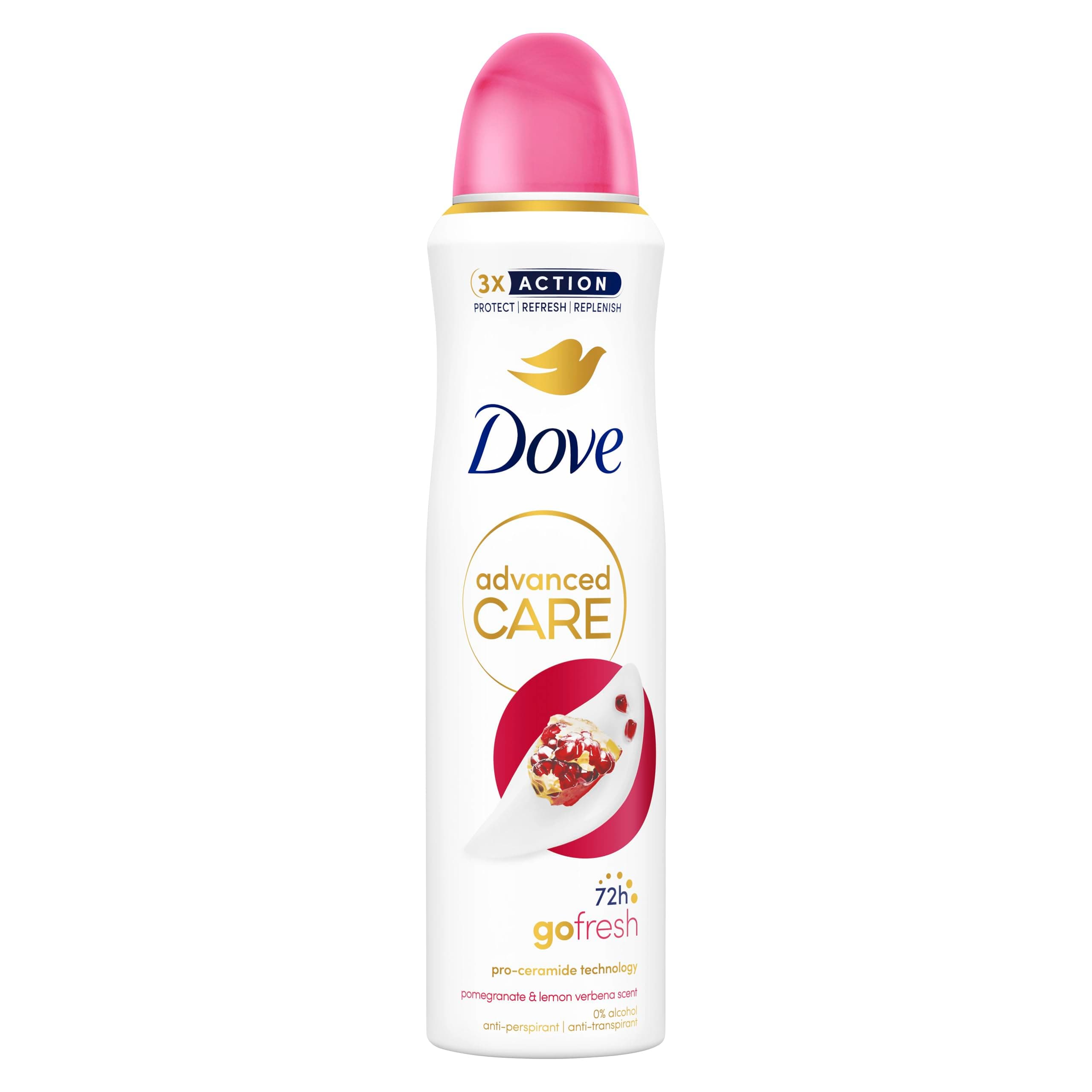 Dove Advanced Care Go Fresh Pomegranate & Lemon Verbena Scent Anti-Perspirant Aerosol Women's Deodorant Spray with Pro-Ceramide technology for 72 hour protection against sweat and odour 150 ml