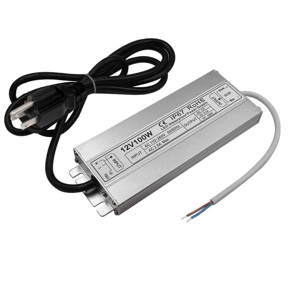 LED Driver Waterproof IP67 Power Supply 100W 12V DC 8.5a Transformer thinner and Durable with US 3-Prong Plug Plate for Outdoor Use