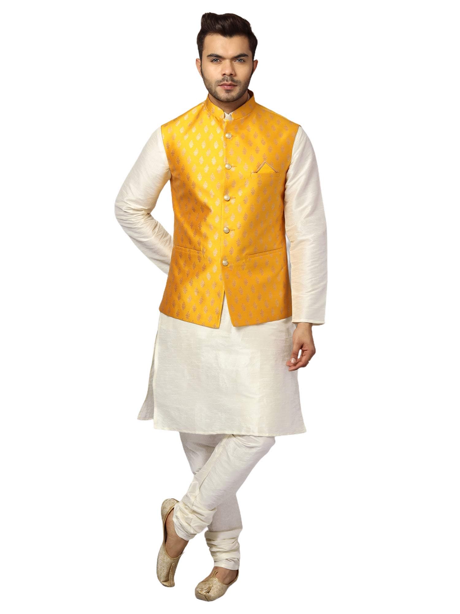 Men's Off-White Silk Blend Kurta Pyjama with Stylish Embroidered Ethnic Jacket
